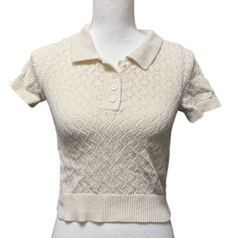 Willow‎ & Wind Cream Knit Polo Sweater Top Cropped Cottagecore Soft Girl